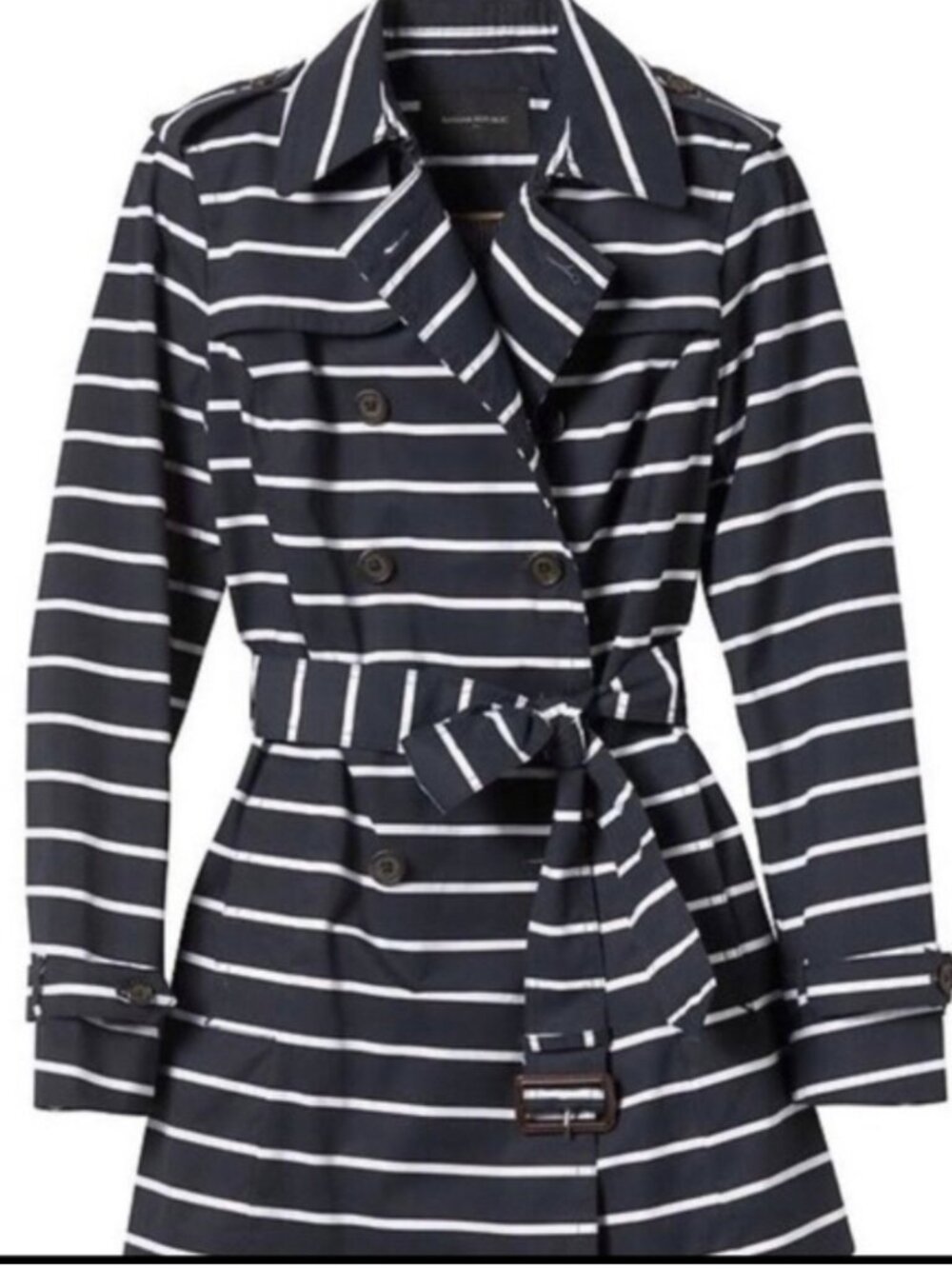 Banana Republic Striped Trench Coat Navy White SP Petite Small Double Breasted